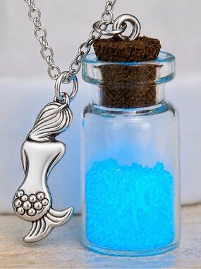 Magic Mermaid~ Silhouette Blue Glow in Dark Beach Sand Bottle Vial Cork Necklace